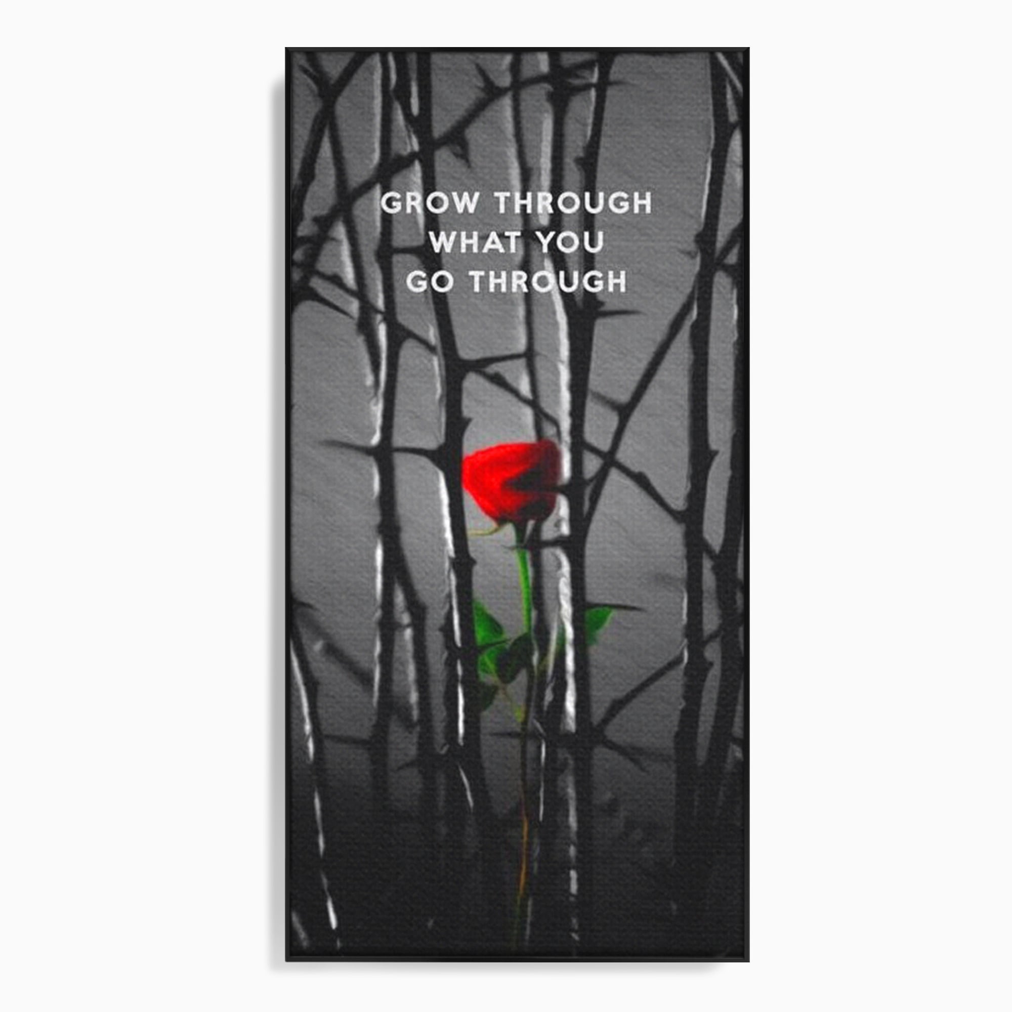 Tablou canvas cu tablou motivational cu trandafir rosu si spini, in rama de aluminiu negru
